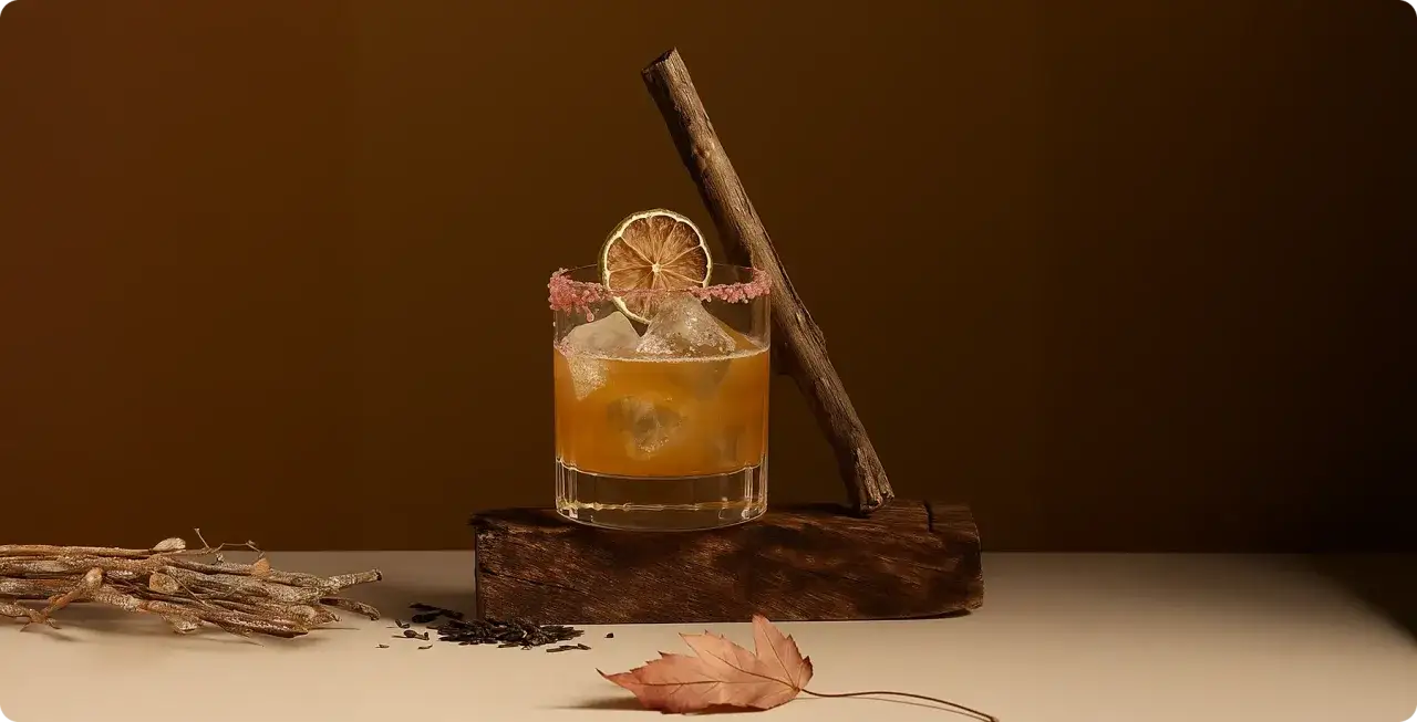 Elegancki drink z whisky z miodem, ozdobiony suszoną limonką i lodem, na tle jesiennych dekoracji.