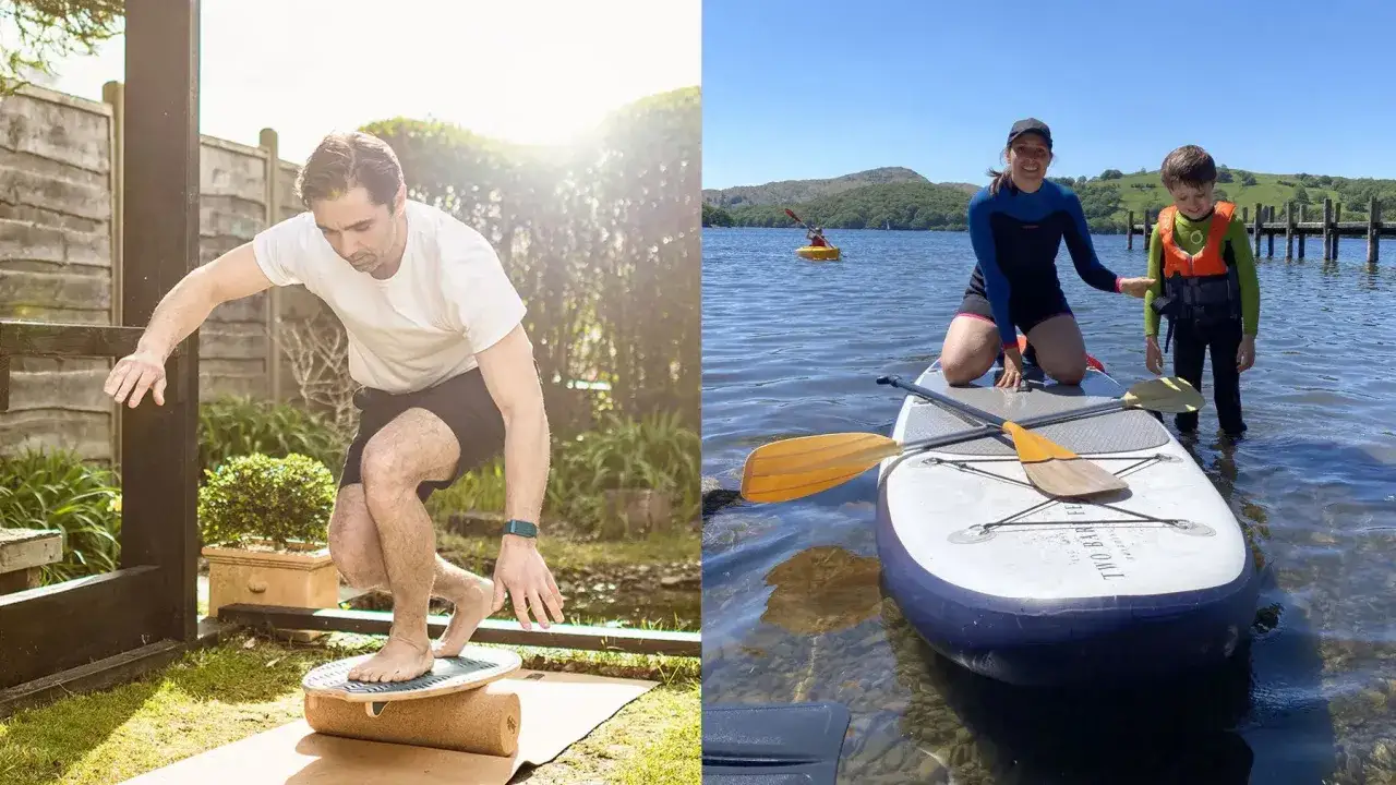 Mann trainiert Balance für SUP zuhause. Frau und Kind auf SUP-Board im See.