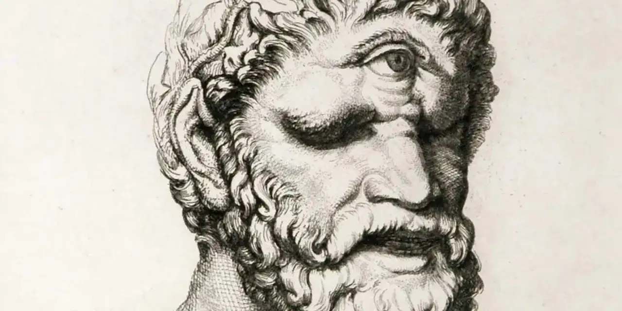 Portrait gravé d'un cyclope, peut-être Polyphème, le géant rencontré par Ulysse. Son œil unique domine le visage barbu.
