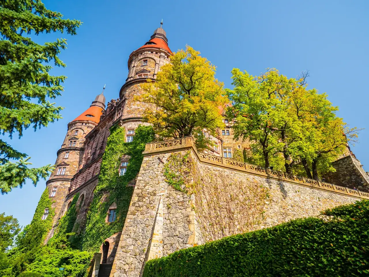 Zamek Książ z bliska, porośnięty bluszczem, z czerwonymi dachami i zielenią drzew. Ciekawe zakątki i historie czekają na odkrycie.