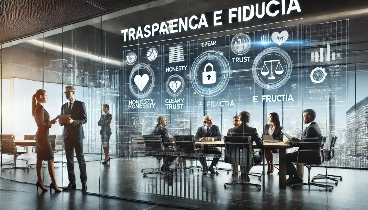 Ufficio moderno con persone in abiti eleganti che discutono davanti a uno schermo olografico che mostra concetti chiave per la comunicazione corporate: trasparenza, onest&agrave;, fiducia.
