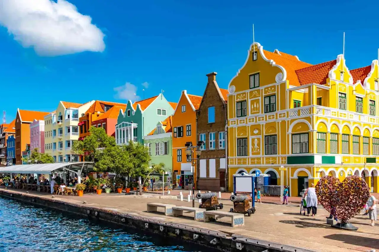 Kolorowe kamienice nad wodą, idealne na wakacje na Curacao. Słoneczny dzień, gwarne nabrzeże i historyczne armaty.