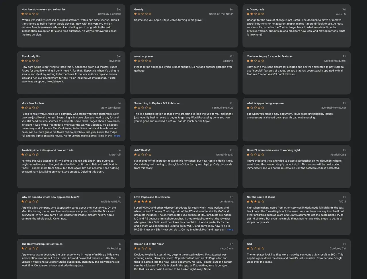 Recenzje aplikacji Apple Pages po polsku. Użytkownicy narzekają na reklamy, zmiany w interfejsie i płatne funkcje.
