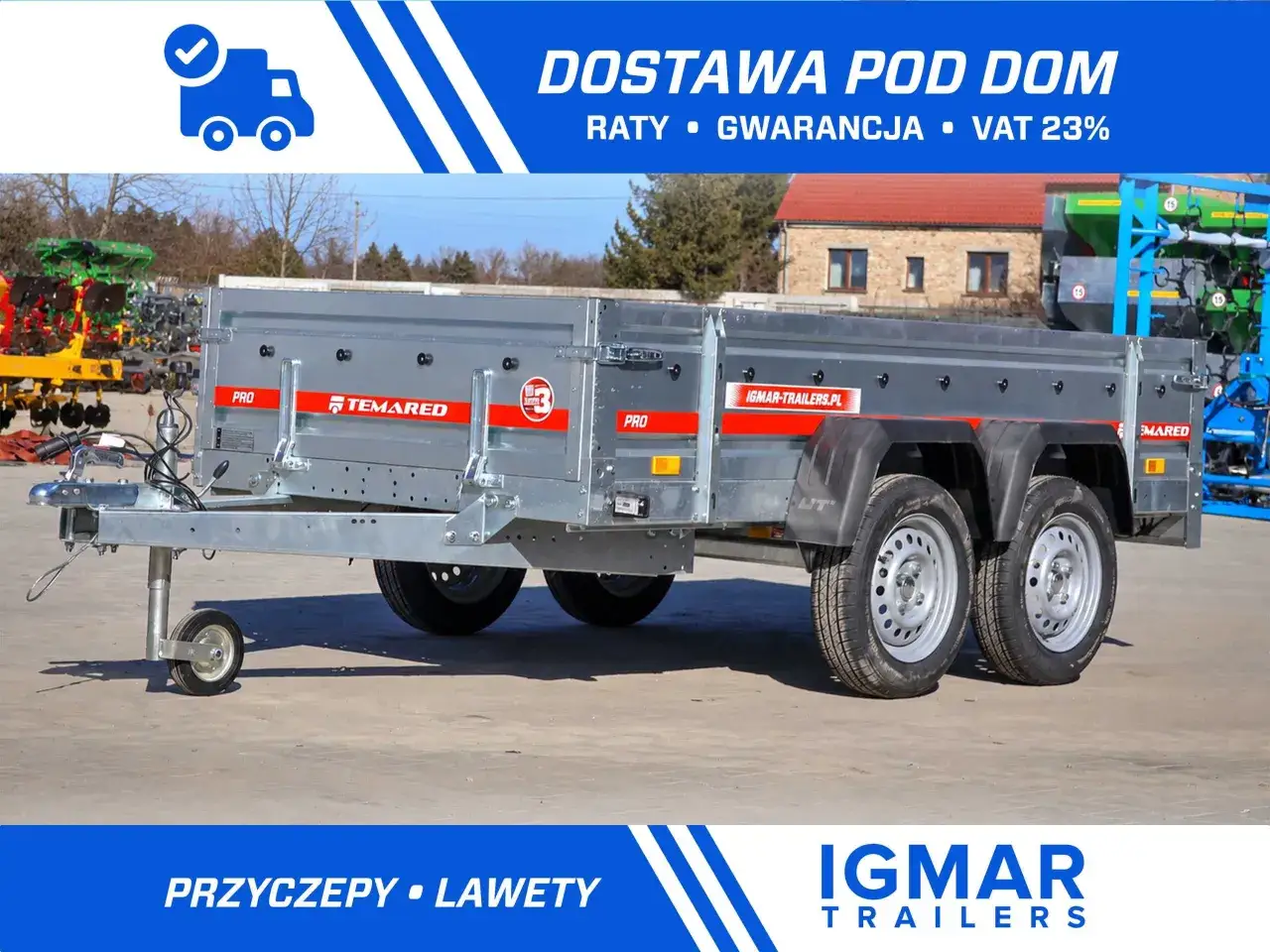 Dwukolowy, szary, metalowy przyczepa z czerwoną taśmą i napisem