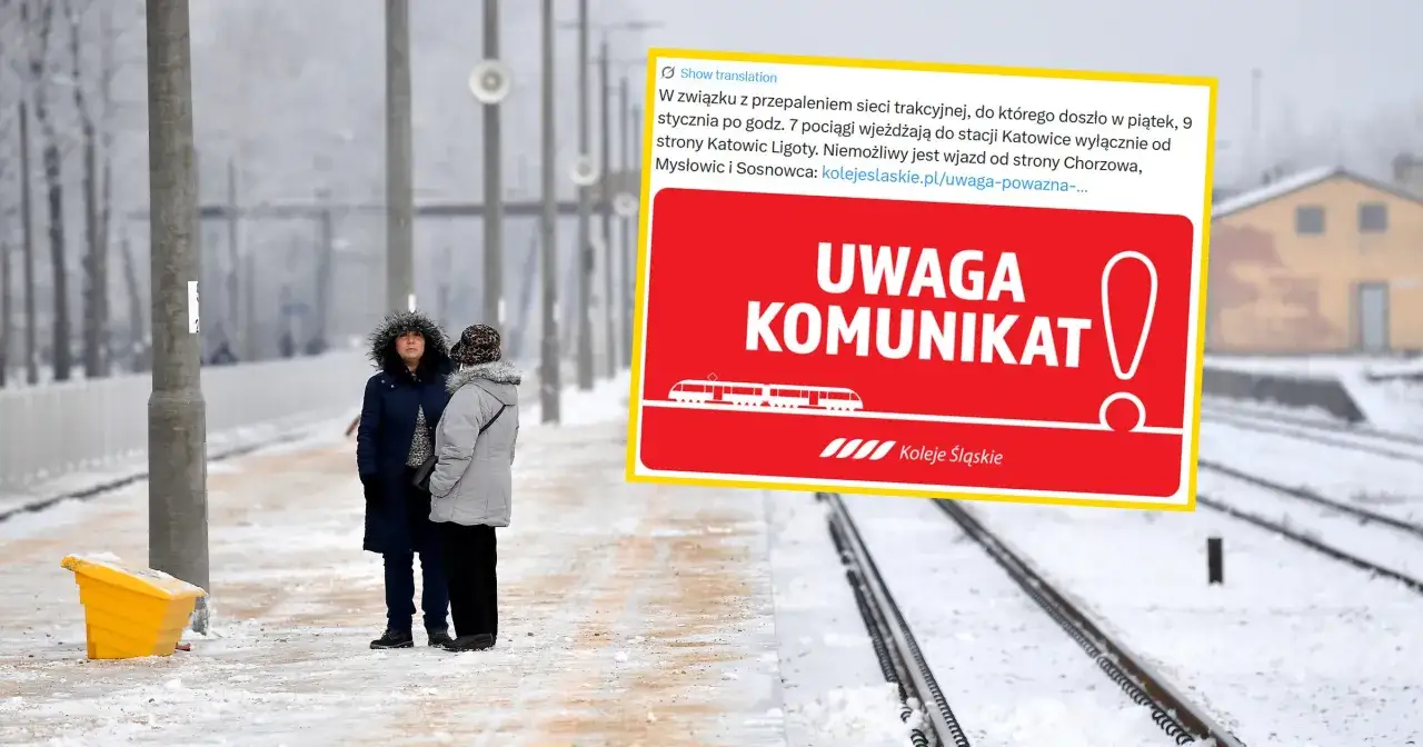 Zimowy dzień na stacji, dwie kobiety czekają na pociąg. Obok żółty pojemnik na piasek. W tle czerwony komunikat o przepaleniu sieci trakcyjnej.
