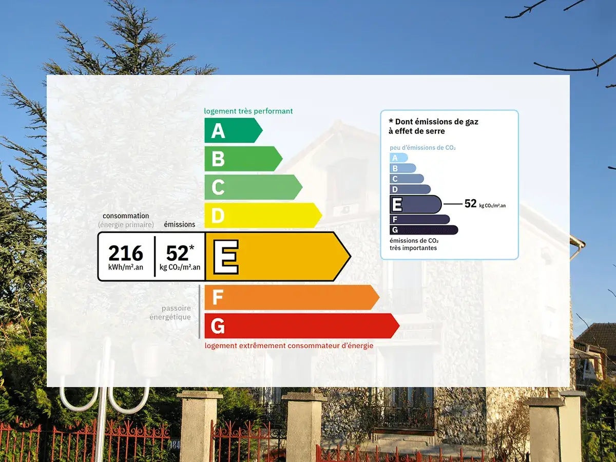 Le DPE de ce logement est de classe E, avec 216 kWh/m².an de consommation et 52 kg CO₂/m².an d'émissions.