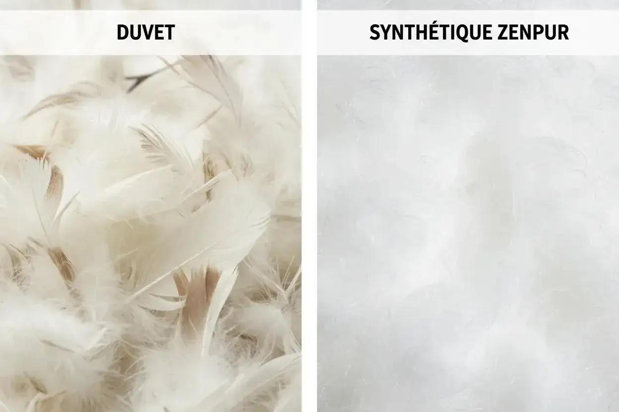 Vergleich von Daunen und Kunstfaser für einen Schlafsack. Links sind weiche Daunen zu sehen, rechts flauschige Kunstfaser.