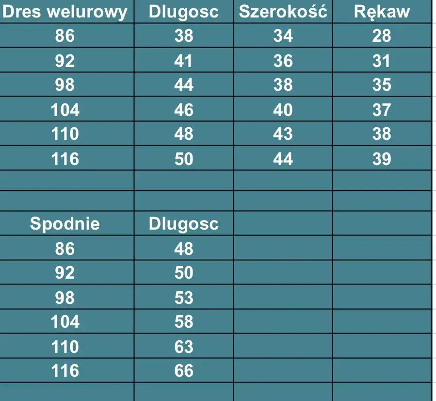 Tabela rozmiarów spodni dresowych dziecięcych