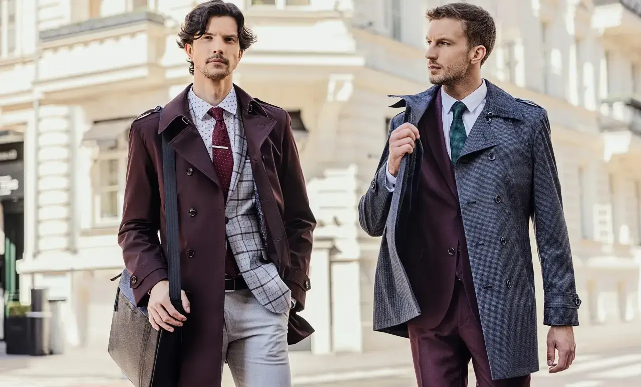 Dwóch eleganckich mężczyzn na ulicy. Jeden w bordowym płaszczu, drugi w szarym. Czy brązowe buty pasują do czarnego garnituru? To pytanie pozostaje otwarte.
