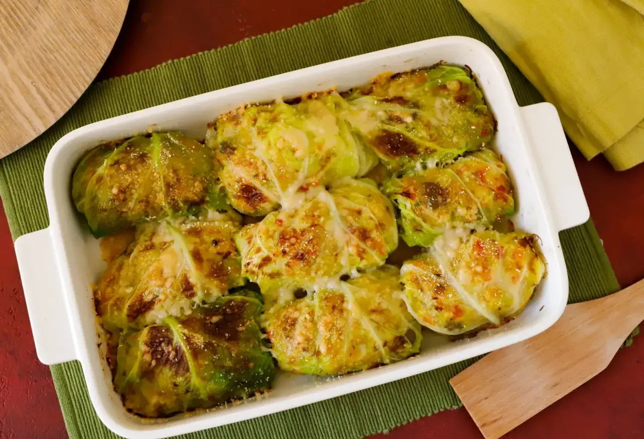 Involtini di verza con carne, cotti al forno e gratinati con formaggio. Un piatto saporito e confortante, pronto per essere gustato.