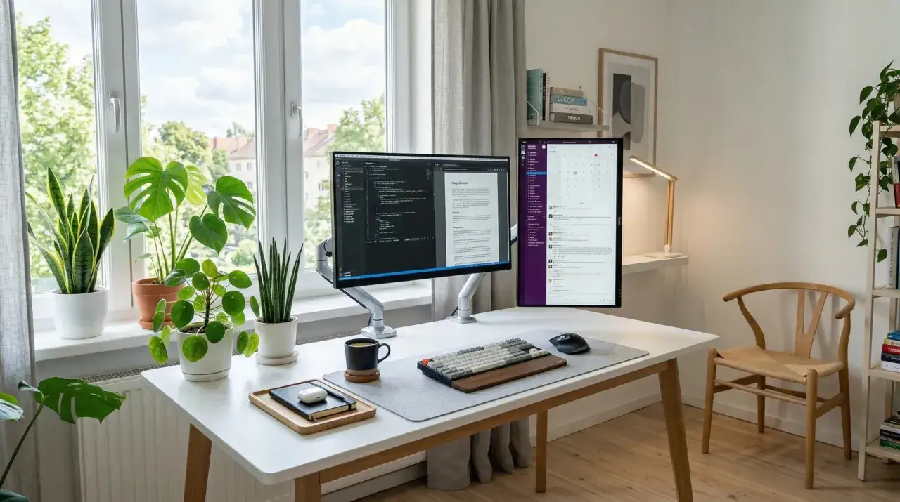 Zestaw dwóch monitorów na biurku, idealny do efektywnego sposobu, jak pracować na dwóch monitorach. W tle okno z roślinami.