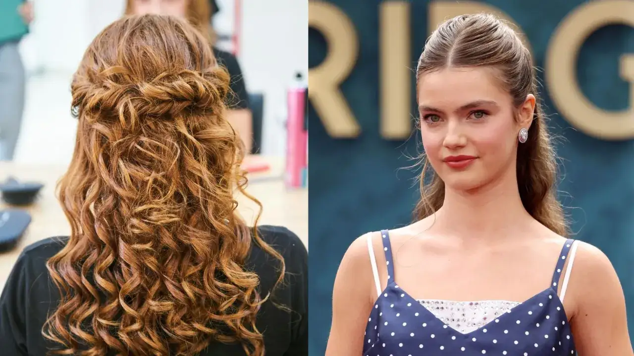 Capelli semi raccolti eleganti con ricci voluminosi e una giovane donna con un'acconciatura simile.