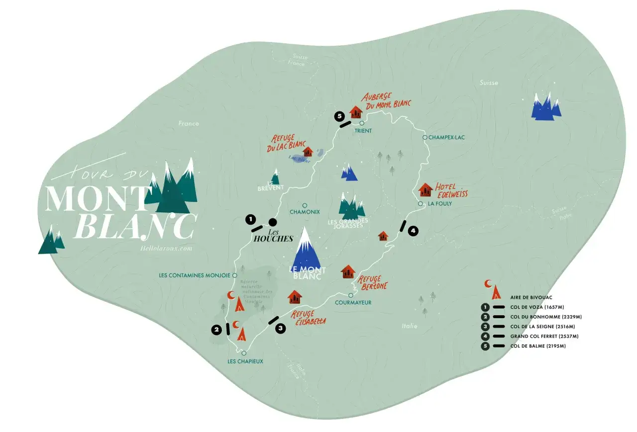 Carte du Tour du Mont Blanc, montrant les refuges, cols et villes. La distance TMB est indiquée par les points et les numéros.
