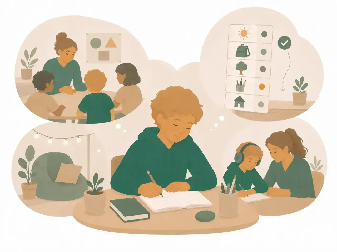 En pojke med adhd i skolan drömmer sig bort till en lektion med läraren och klasskamraterna, en mysig vrå och en checklista för uppgifter.