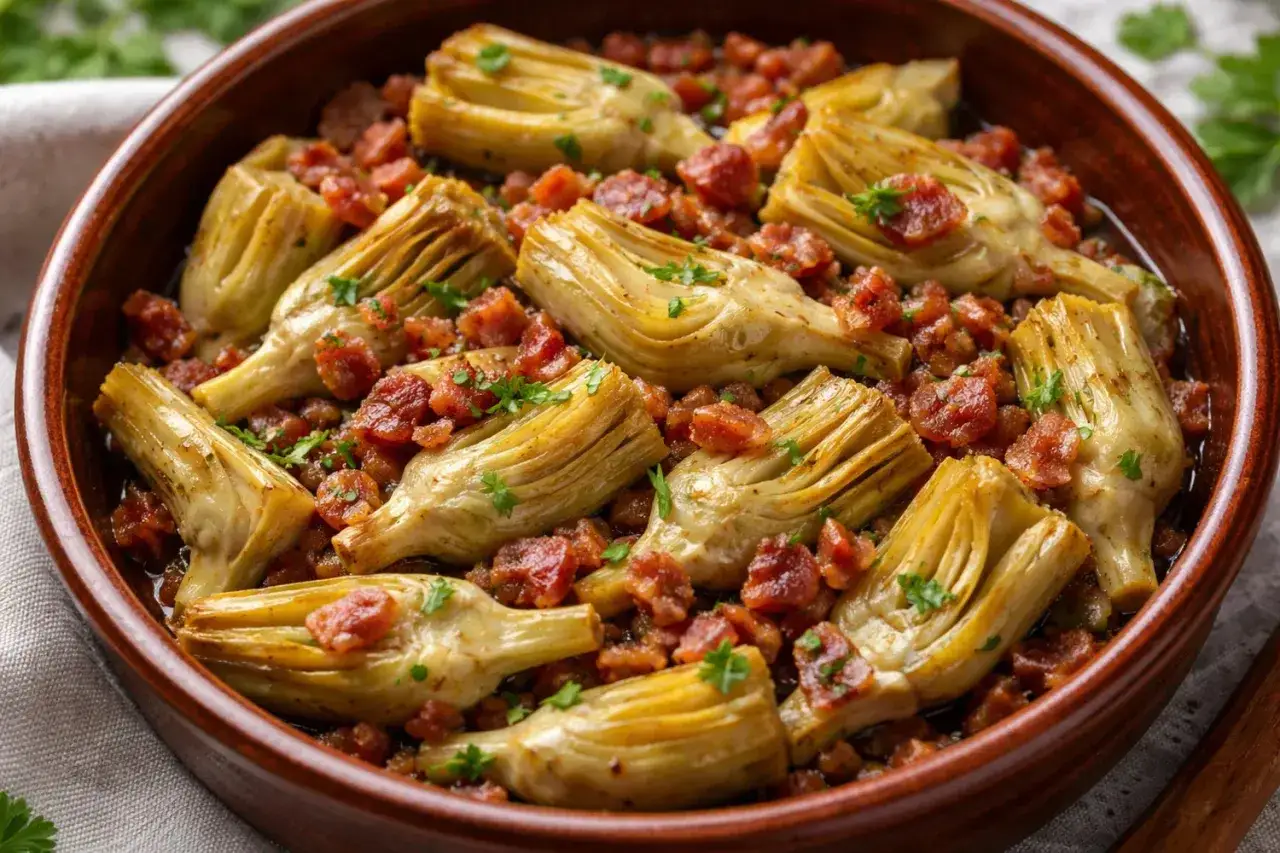 Alcachofas tiernas con trocitos de jamón, un plato tradicional lleno de sabor.