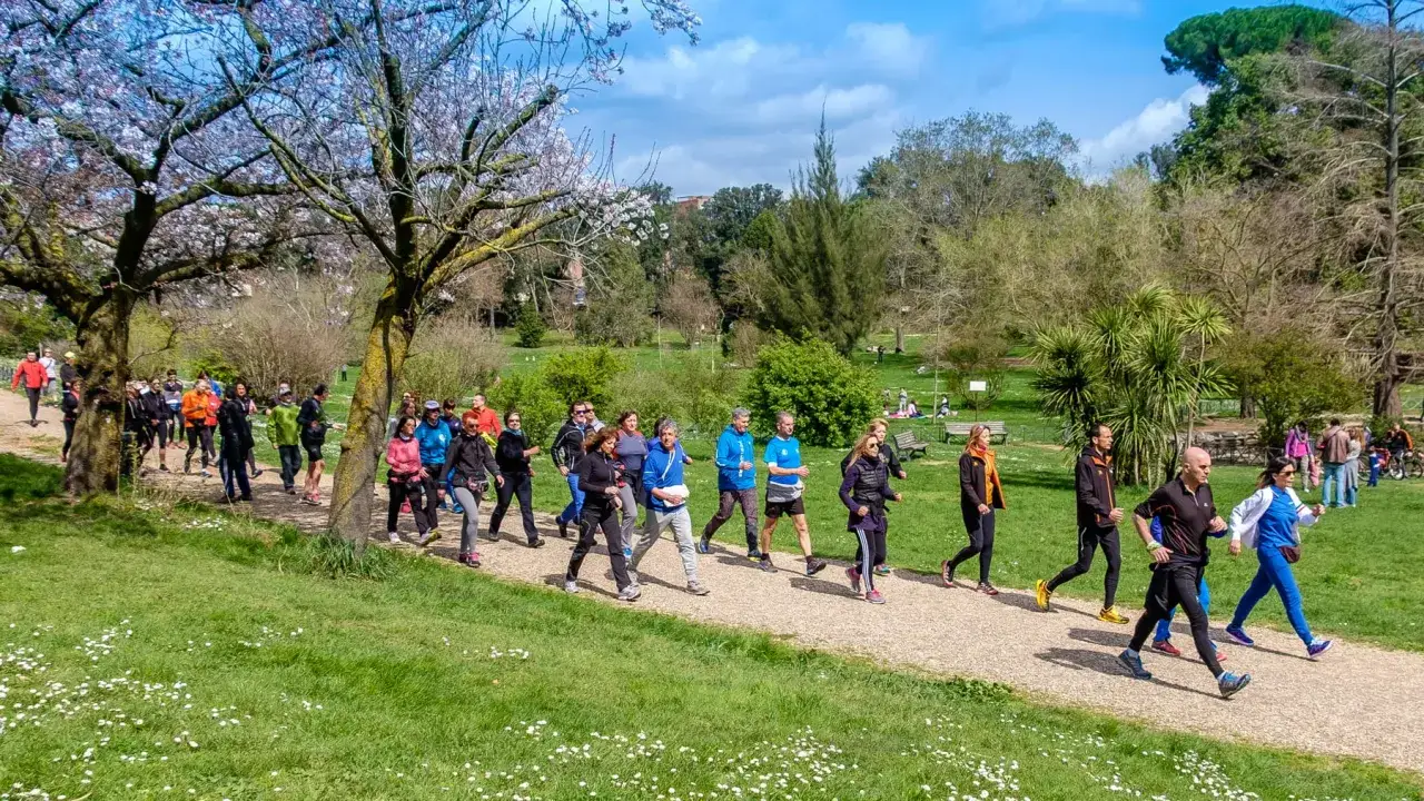 Un gruppo di persone pratica diversi tipi di camminata sportiva in un parco fiorito, godendosi la primavera.