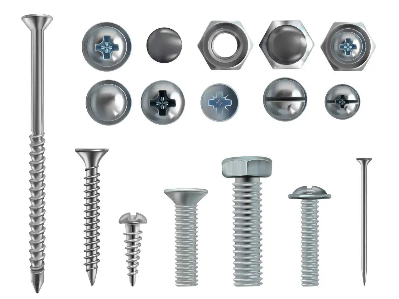 Variedad de tipos de cabeza de tornillos y tuercas metálicas, con ranuras Phillips y de corte, y cabezas hexagonales y abovedadas.