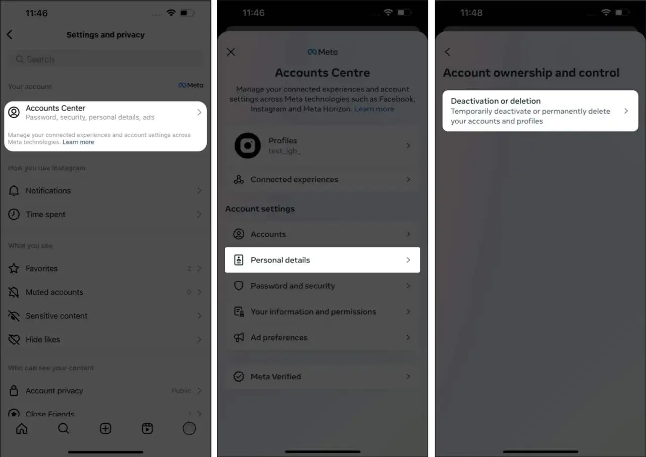 Jak usunąć konto na Instagramie? Ekran pokazuje ścieżkę przez Ustawienia > Centrum kont > Dane osobowe > Dezaktywacja lub usunięcie.