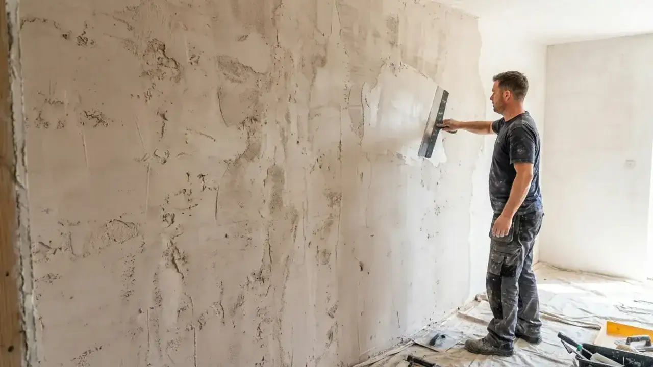 Un ouvrier applique un enduit sur un mur avec une taloche. La texture brute de l'enduit est visible, promettant une belle peinture.
