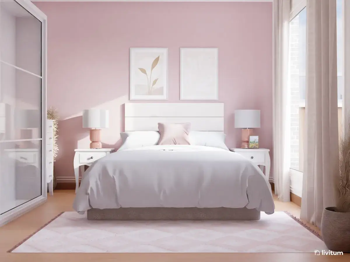 Acogedora habitaci&oacute;n rosa pastel y blanco con cama, mesitas de noche, armario y alfombra geom&eacute;trica.