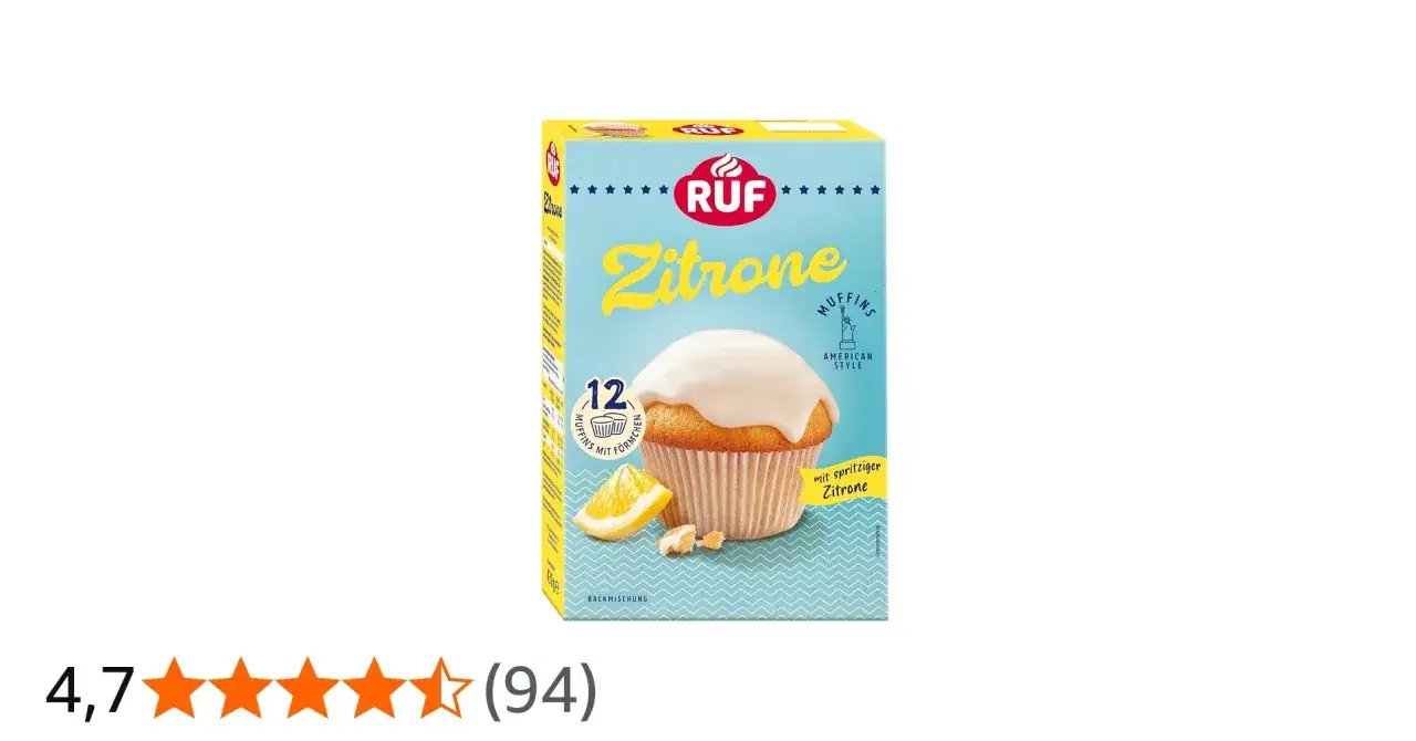 RUF Backmischung Zitronenmuffins: Eine Packung mit einem köstlichen Zitronenmuffin, der mit Glasur überzogen ist. Perfekt für 12 Muffins.