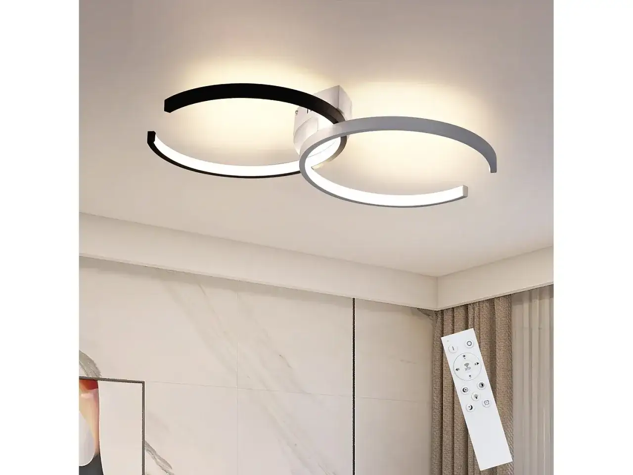L&aacute;mparas regulables intensidad con dise&ntilde;o moderno de aros entrelazados en blanco y negro, control remoto incluido.