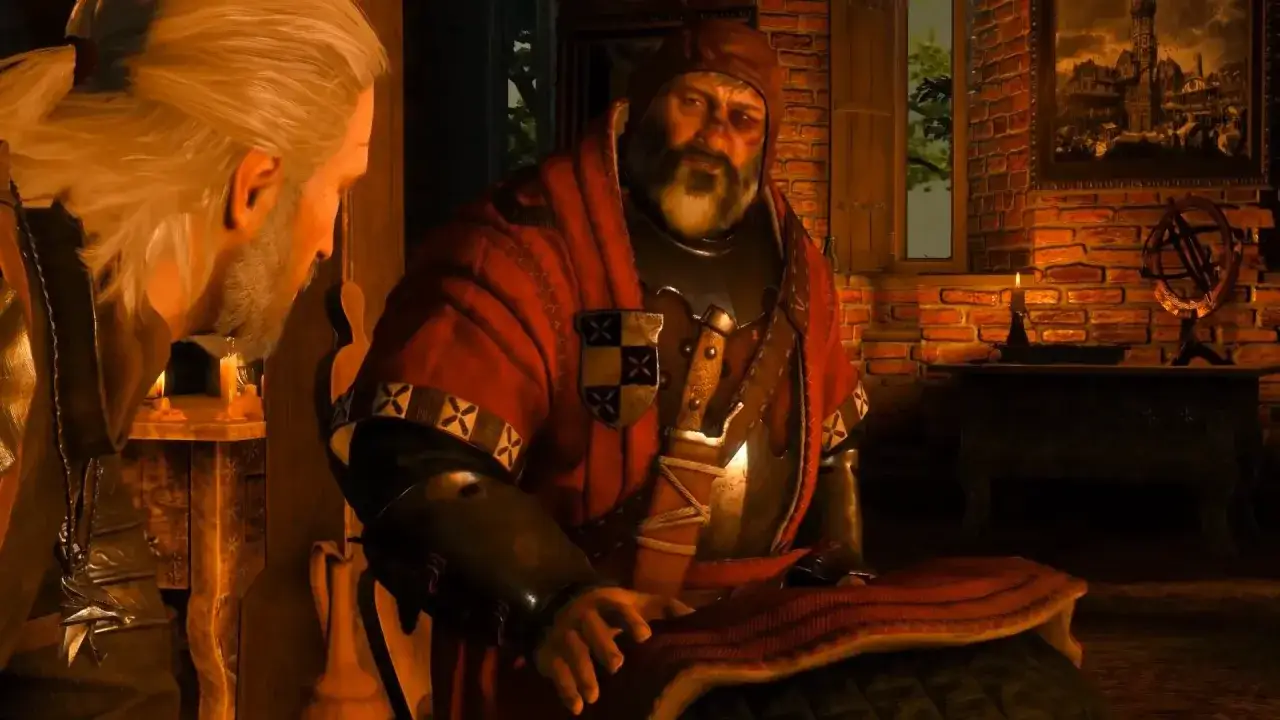 Geralt rozmawia z brodatym mężczyzną w czerwonej szacie. To ważne w Wiedźmin 3 sprawy rodzinne.