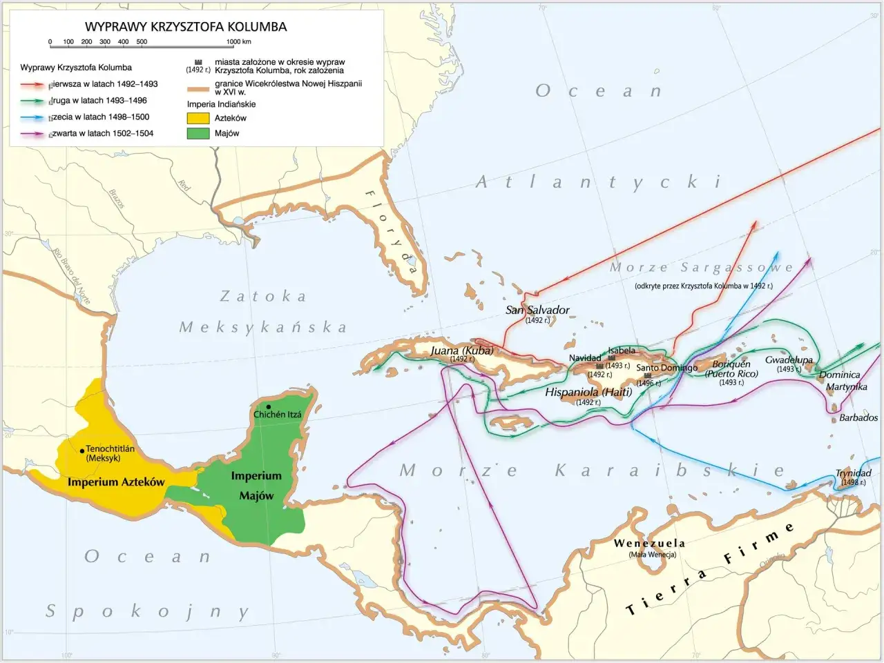 Mapa pokazuje cztery wyprawy Krzysztofa Kolumba, od 1492 do 1504 roku.