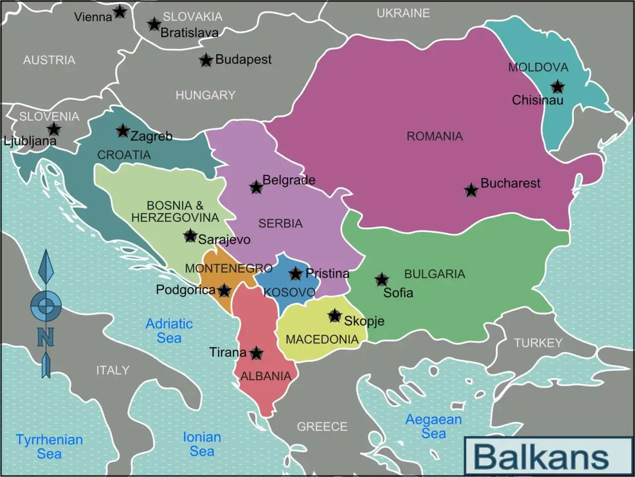 Mapa polityczna przedstawiająca kraje bałkańskie, w tym Serbię, Chorwację, Bośnię i Hercegowinę, Czarnogórę, Kosowo, Macedonię, Albanię, Bułgarię i Rumunię.