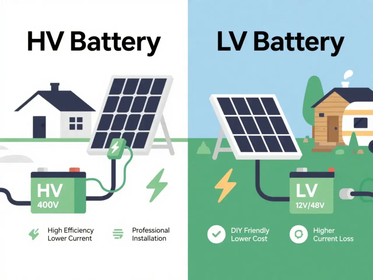 Porównanie systemów fotowoltaicznych: HV Battery (wysoka wydajność, niski prąd) i LV Battery (niższy koszt, większe straty prądu). Dowiedz się, jak obniżyć napięcie w sieci fotowoltaika.