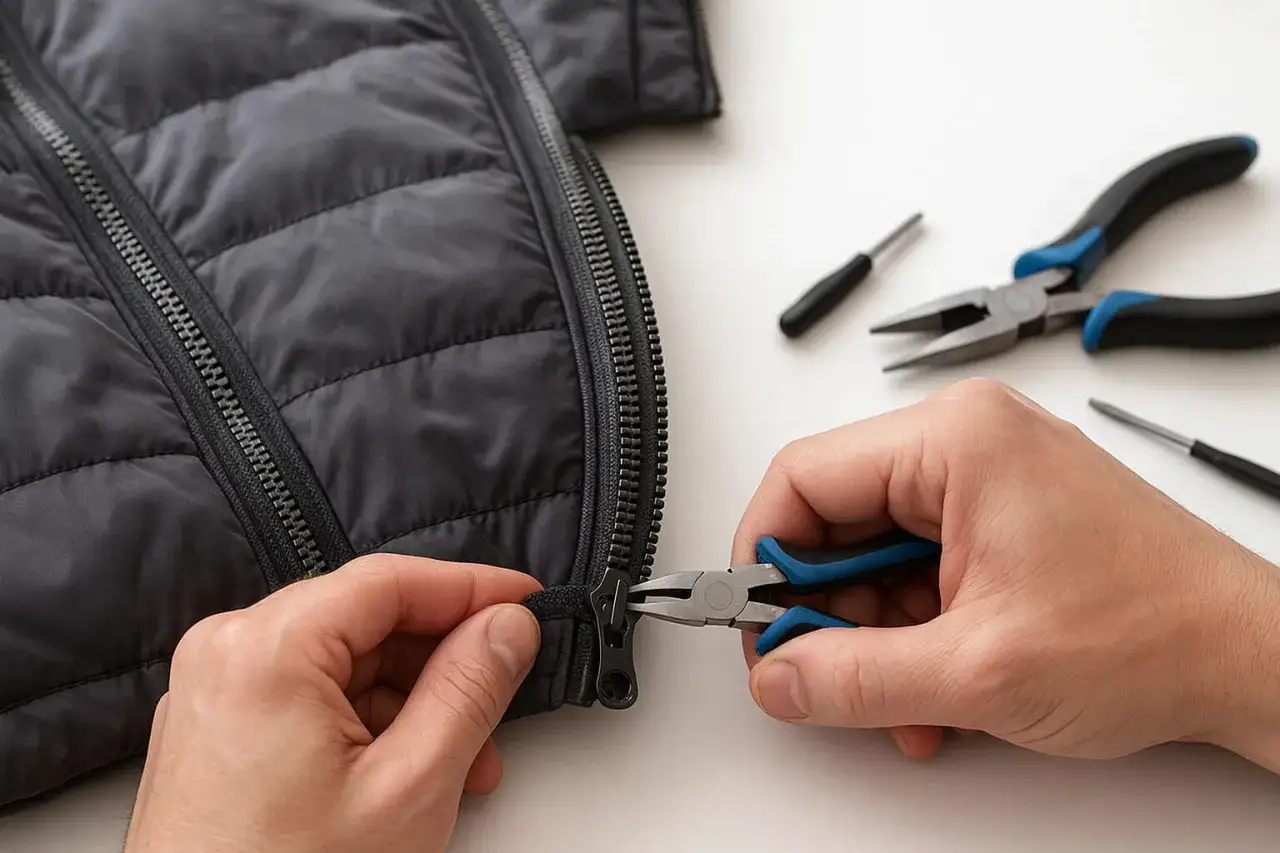 H&auml;nde reparieren mit Zange einen Rei&szlig;verschluss an einer schwarzen Jacke. Werkzeuge liegen daneben.
