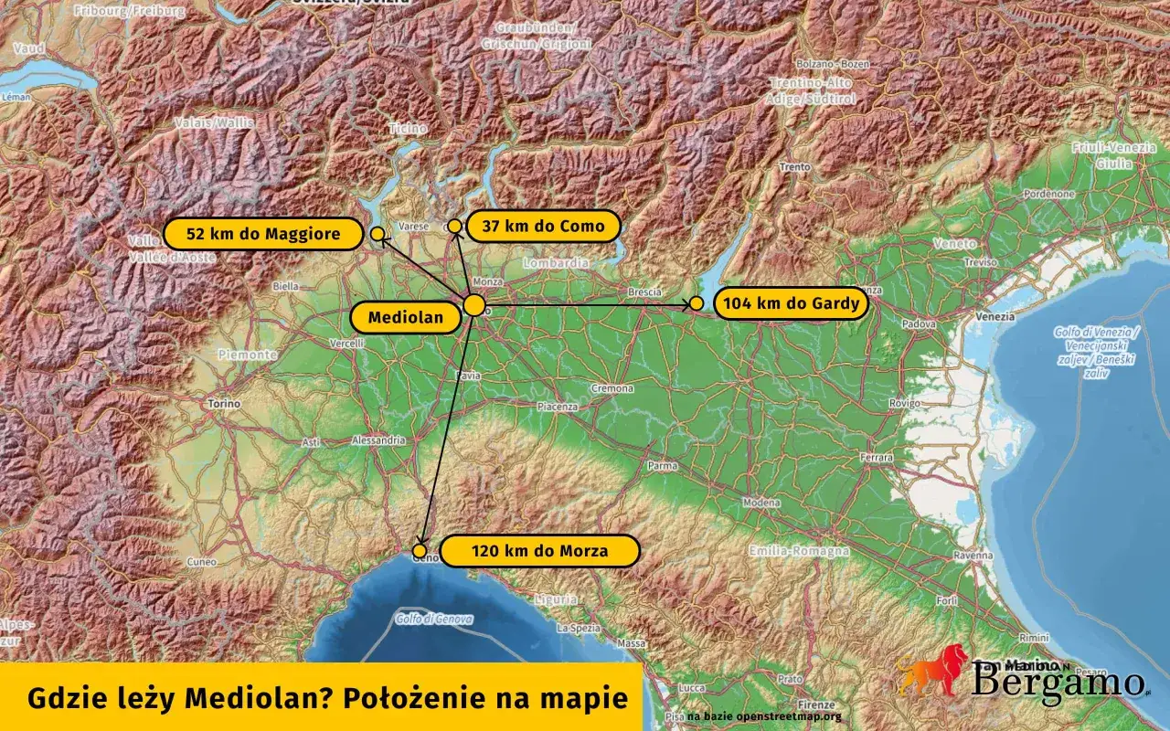 Gdzie leży Mediolan? Mapa pokazuje, że Mediolan jest w Lombardii, 37 km od Como, 52 km od Jeziora Maggiore, 104 km od Jeziora Garda i 120 km od morza.