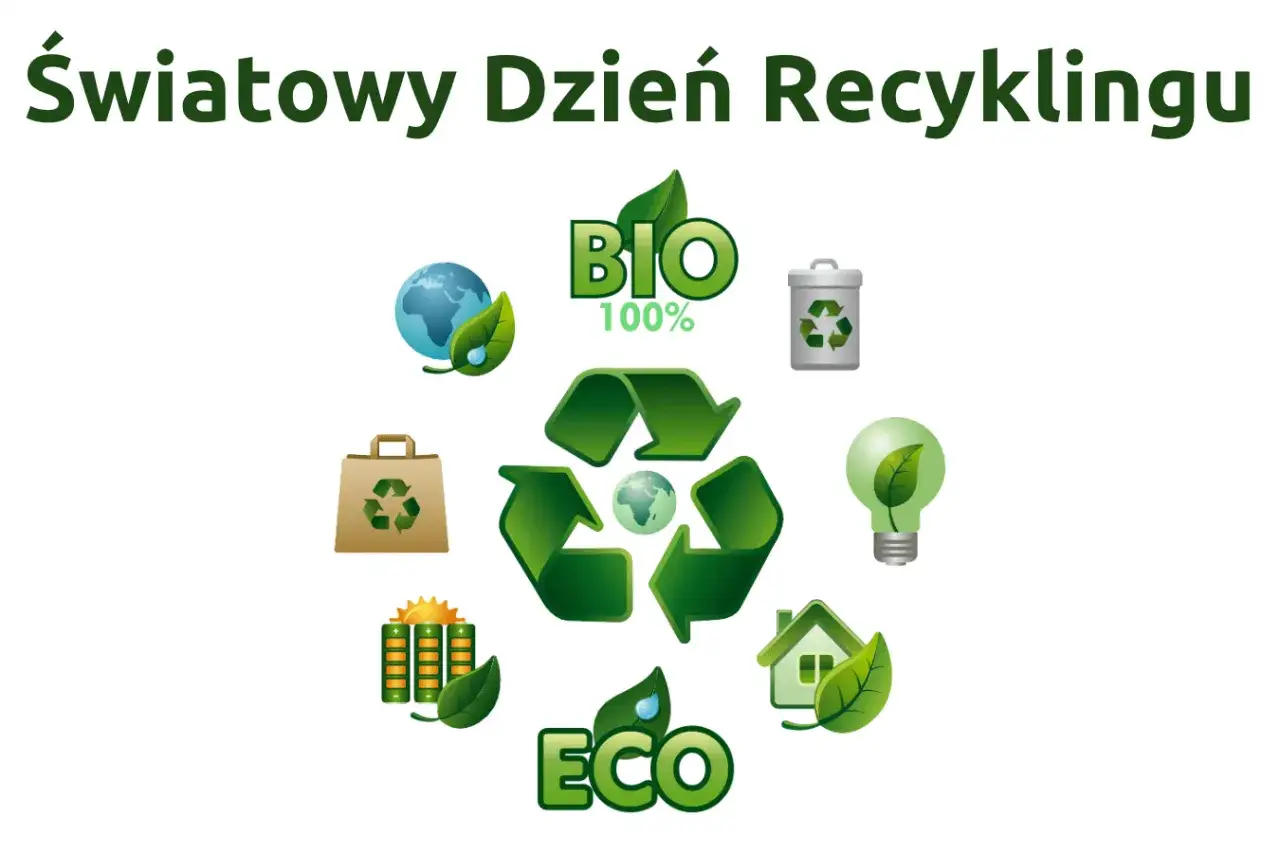 Światowy Dzień Recyklingu: ikony symbolizujące ekologię, zrównoważony rozwój i materiały z recyklingu.
