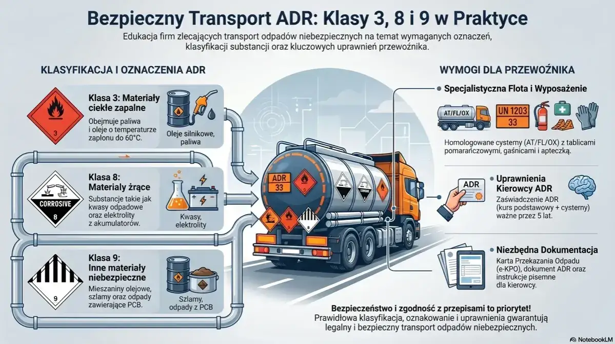 Transport ADR: klasy 3, 8 i 9. Ilustracja przedstawia cysternę z oznaczeniami ADR, wyjaśniając klasyfikację materiałów, wymagania dla przewoźnika i dokumentację.