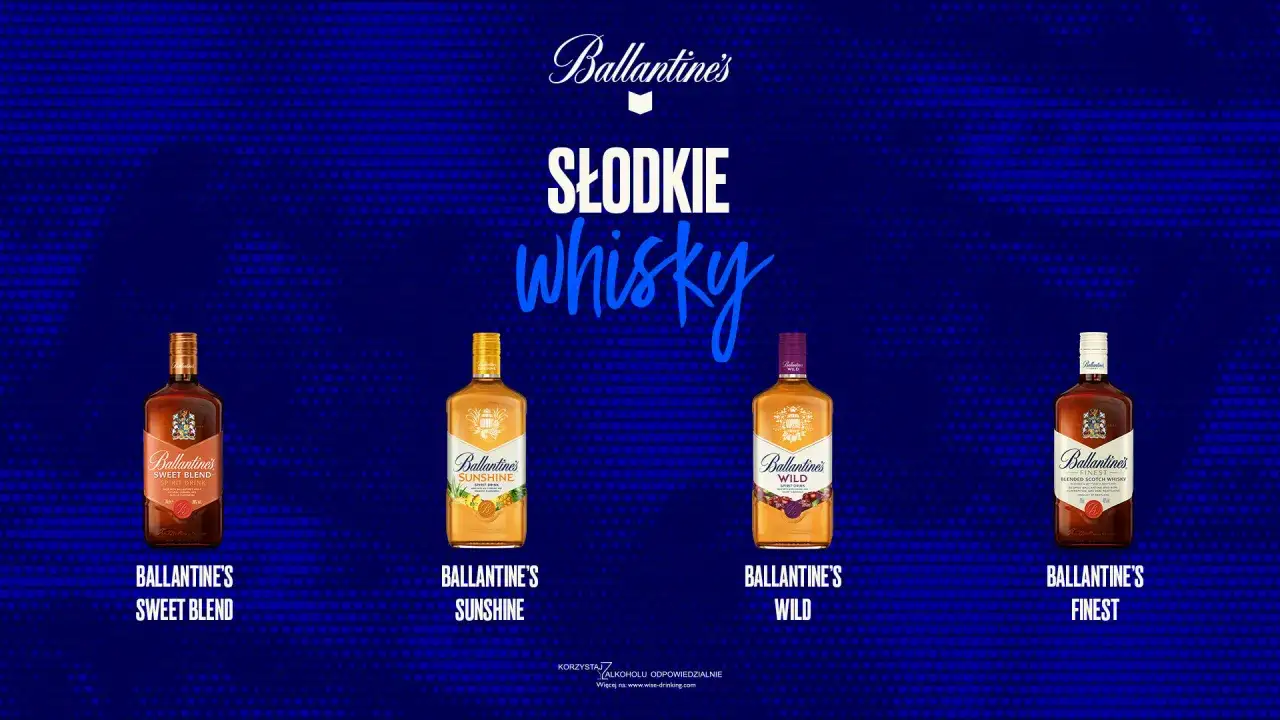 Czy Ballantines to dobra whisky? Cztery butelki słodkiej whisky: Sweet Blend, Sunshine, Wild i Finest na niebieskim tle.