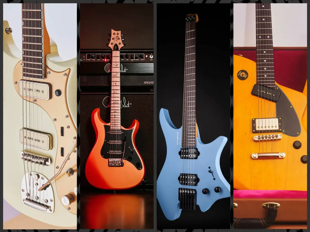 Cztery gitary elektryczne: kremowa, pomarańczowa, błękitna i żółta. Różne marki gitar elektrycznych prezentują swoje unikalne modele.