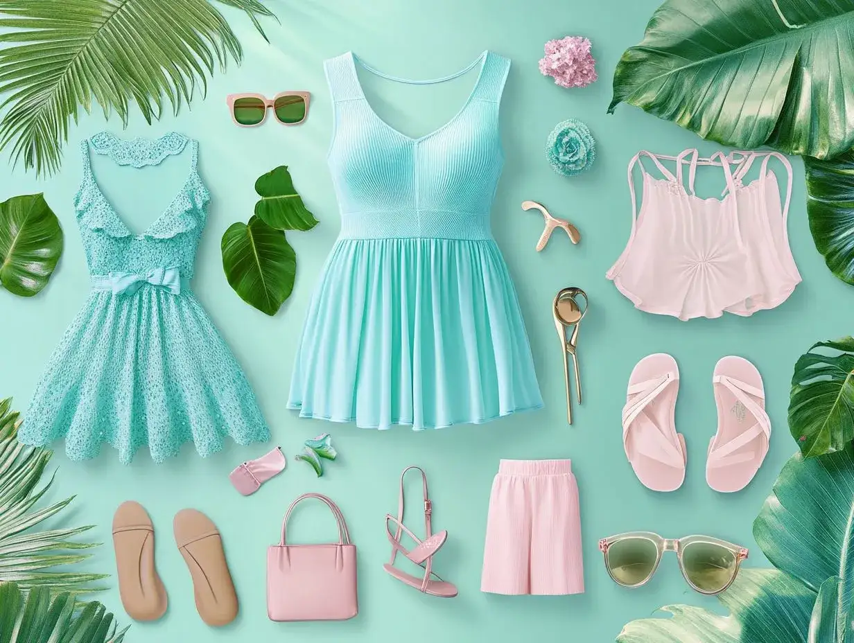 Sommerliche Kleider, Sandalen, Sonnenbrillen und eine Tasche – die perfekte basisgarderobe sommertyp für sonnige Tage.