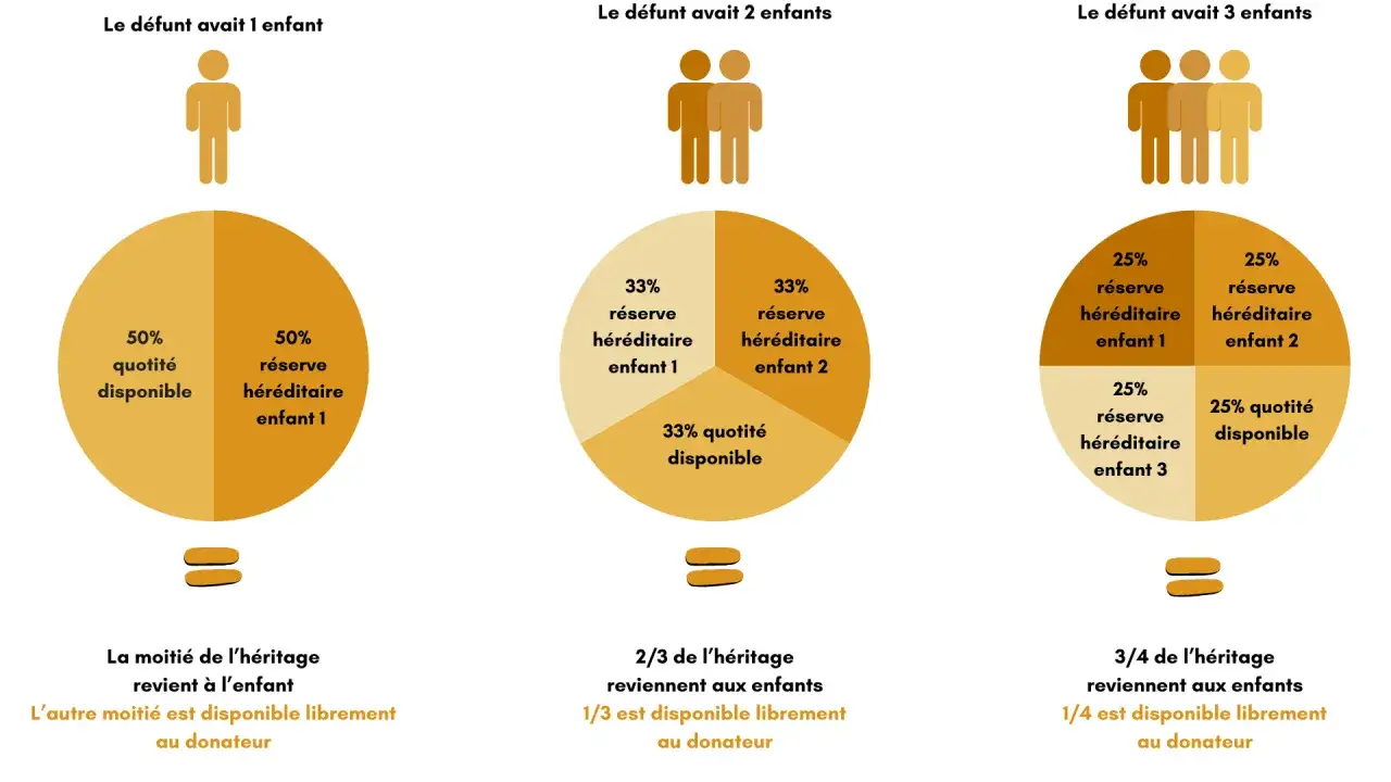 Simulation droit donation : sch&eacute;mas montrant la r&eacute;partition de l'h&eacute;ritage selon le nombre d'enfants, illustrant la r&eacute;serve h&eacute;r&eacute;ditaire et la quotit&eacute; disponible.