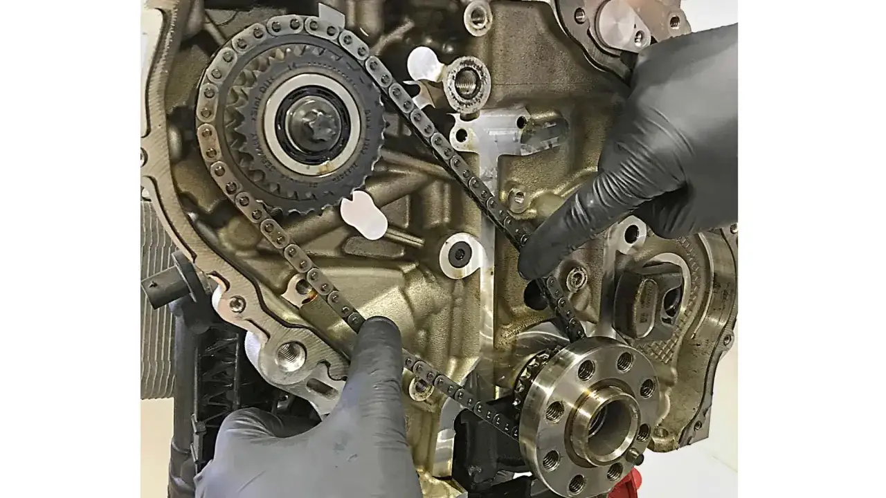H&auml;nde pr&uuml;fen die Steuerkette eines Motors. Die Frage, wie lange h&auml;lt eine steuerkette, h&auml;ngt von Wartung und Material ab.