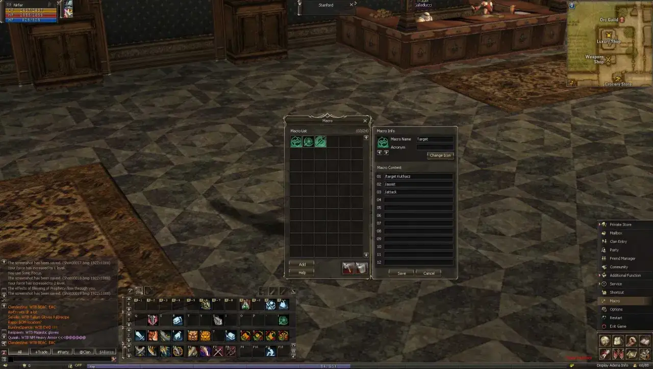 Interfejs gry Lineage 2 Interlude z otwartym oknem makr, gdzie gracz konfiguruje sekwencję komend do walki.