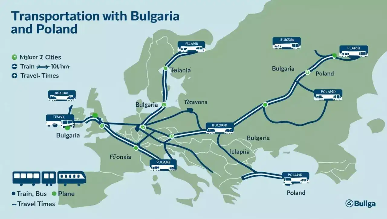 Mapa Europy z trasami autokarów i pociągów między Polską a Bułgarią. Sprawdź, ile jedzie się do Bułgarii autokarem.