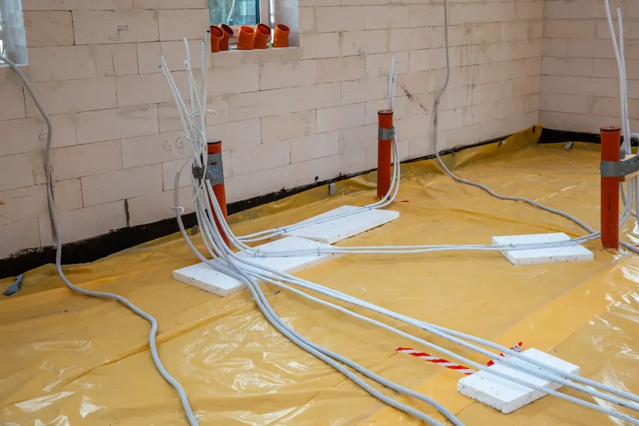 Instalacja elektryczna na budowie. Widać białe przewody w peszlach wychodzące z pomarańczowych rur i prowadzone po żółtej folii izolacyjnej.