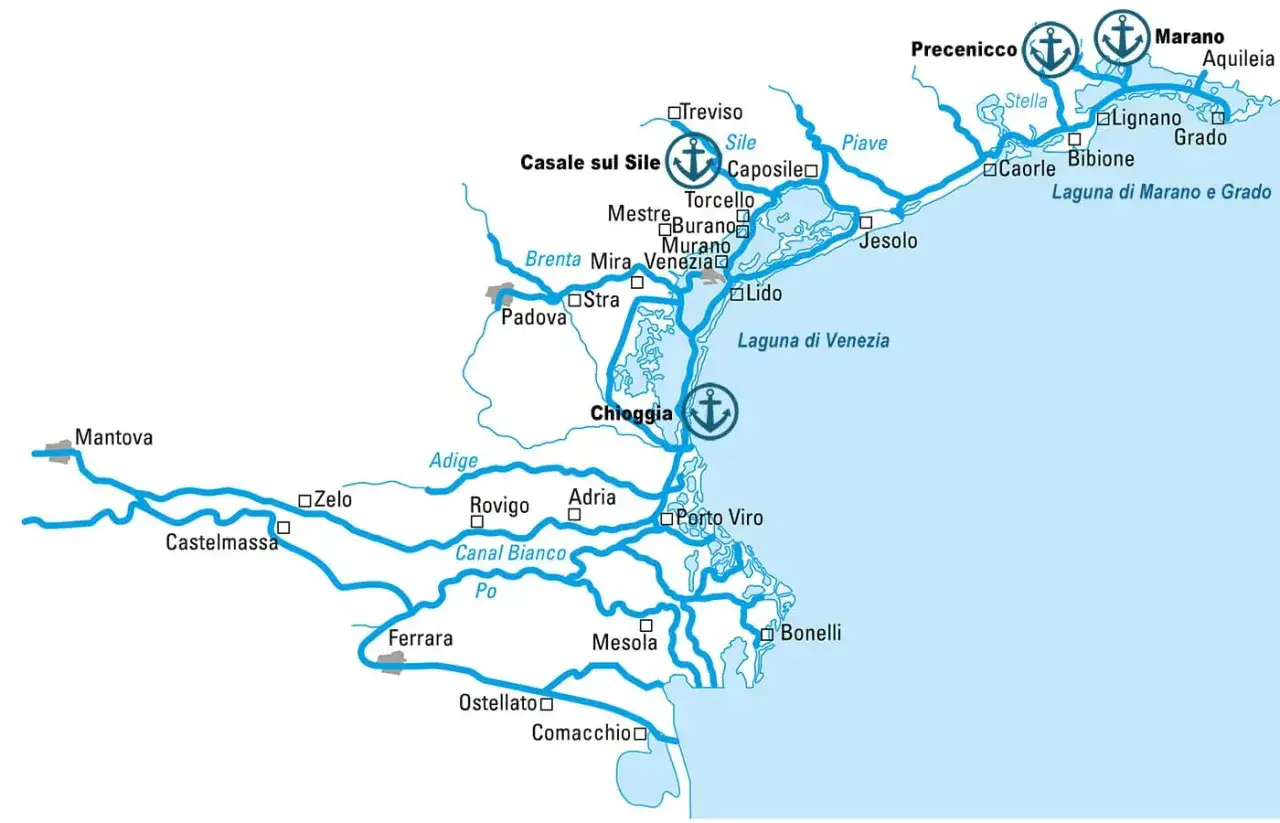 Mappa delle vie navigabili con rotte per traghetti da Chioggia a Burano, passando per la Laguna di Venezia.