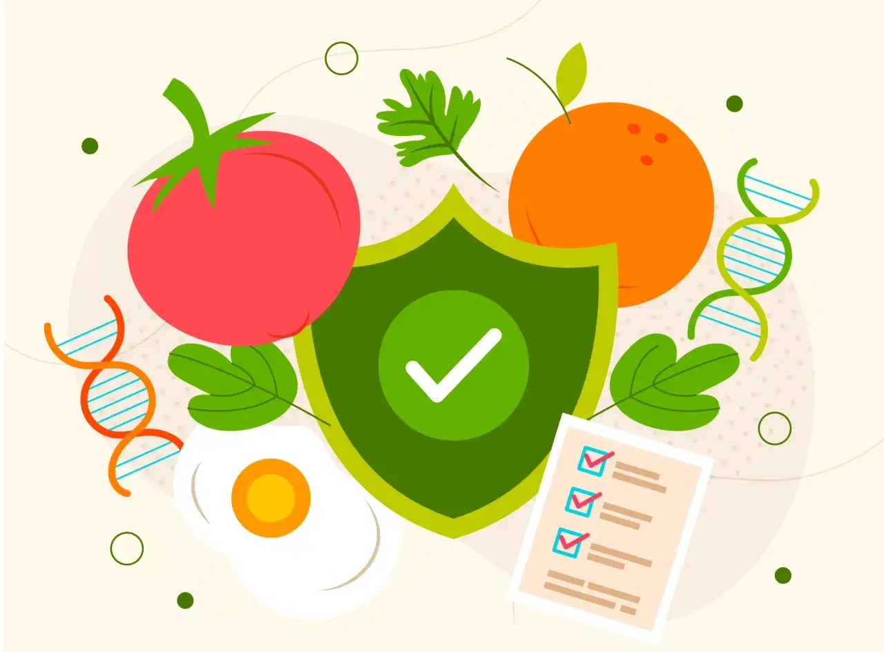 Bezpieczeństwo żywności: tarcza z zaznaczeniem, lista kontrolna, pomidor, jajko, pomarańcza, DNA. HACCP co to za skr&oacute;t?