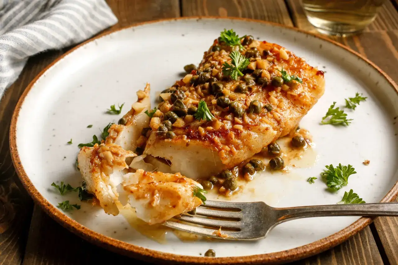 Pyszny kawałek halibuta z kaparami i pietruszką. Czy halibut jest zdrowy? Tak, to doskonałe źródło białka i omega-3.