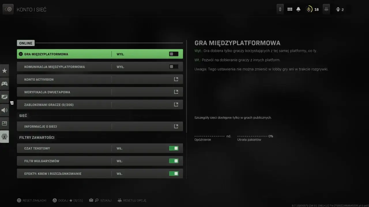 Ustawienia gry cross play Xbox PC. Możliwość gry z graczami z innych platform.