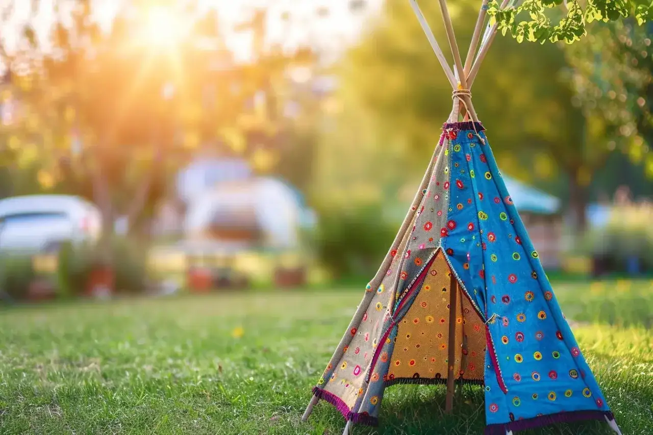 Un tipi extérieur en bois, coloré et décoré, prêt pour l'aventure. Parfait pour fabriquer un espace de jeu unique.