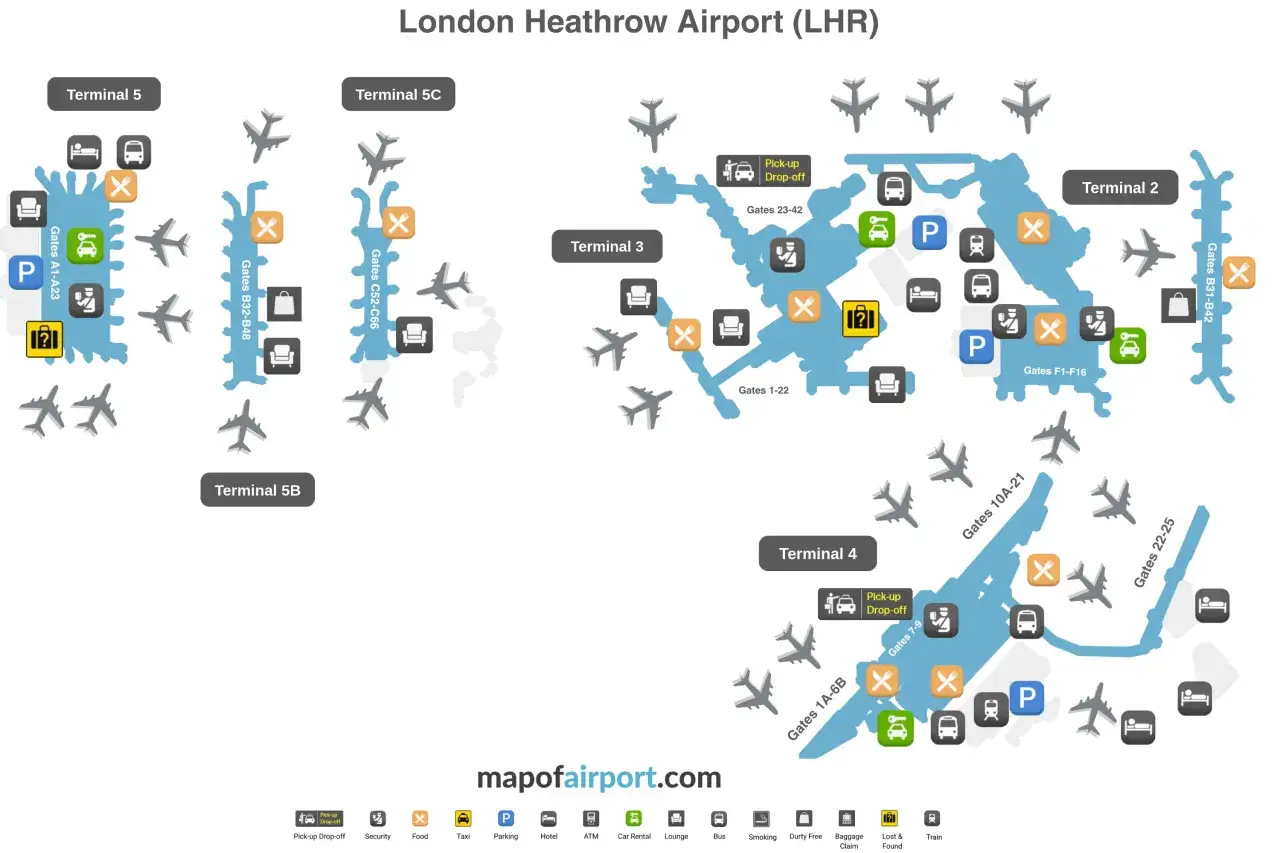 Mapa lotniska Heathrow (LHR) z zaznaczonymi terminalami 2, 3, 4, 5, 5B, 5C, bramkami, parkingami, hotelami i punktami gastronomicznymi.