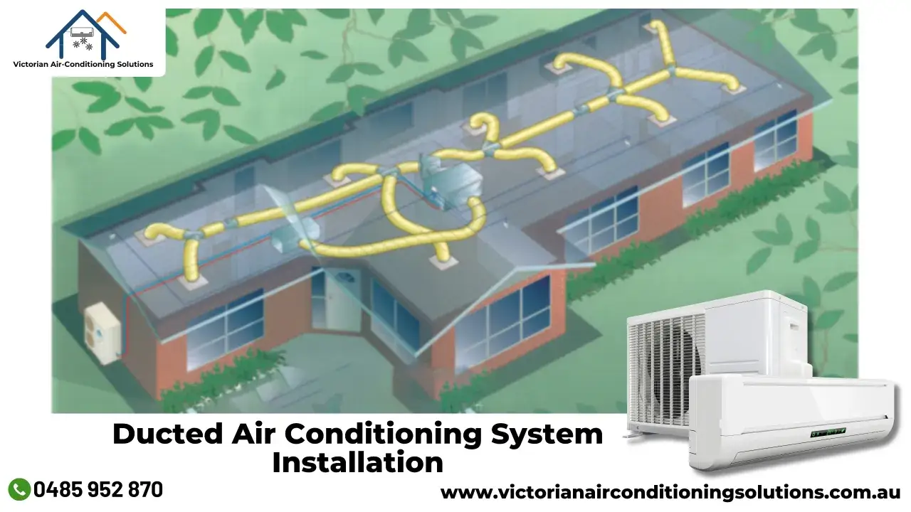 Schéma d'installation d'une clim réversible gainable dans une maison, montrant le système de conduits jaunes sur le toit et les unités extérieures.