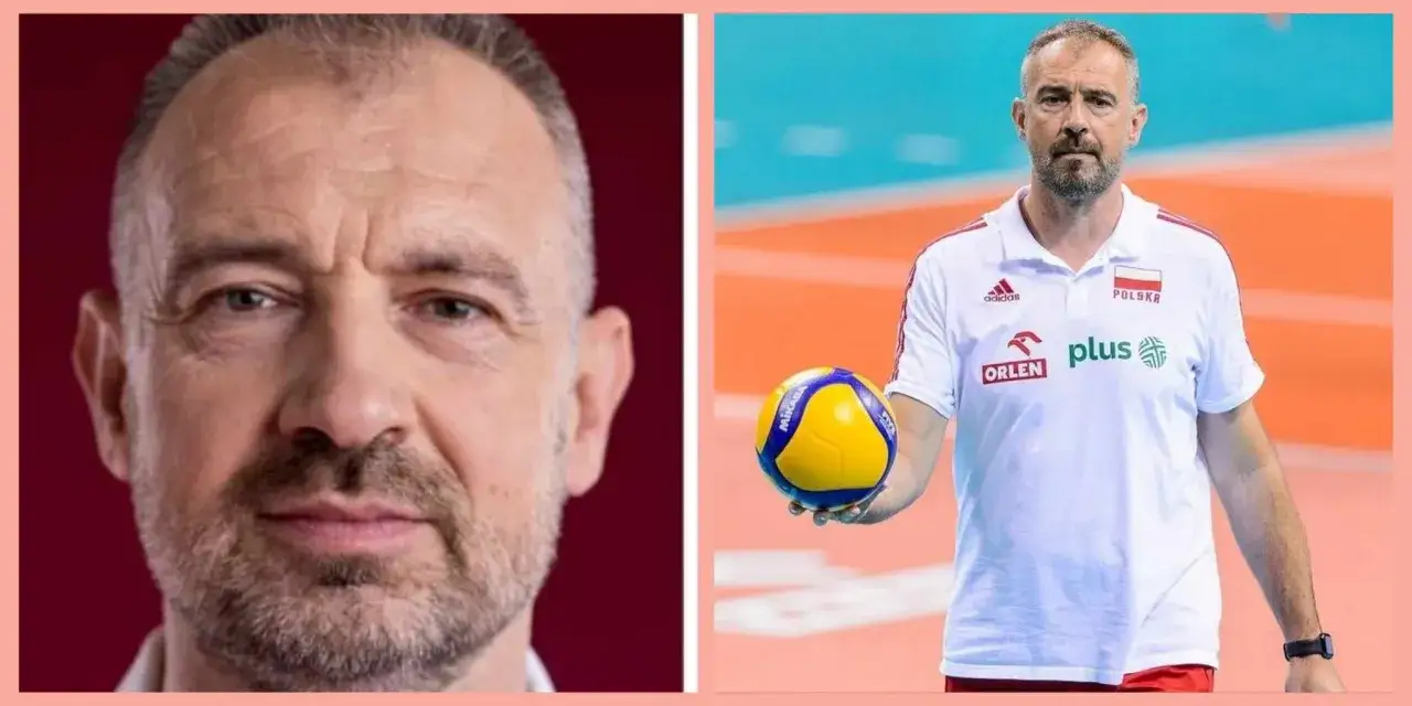Nikola Grbić, trener reprezentacji Polski w siatkówce, z piłką w dłoni. Jego żona wspiera go w karierze.